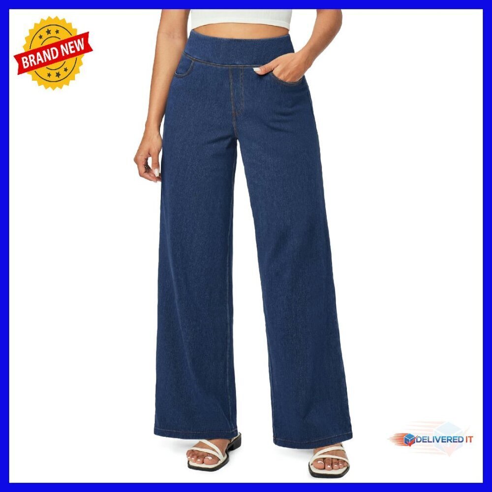 High Waisted Wide Leg Pull On Jeans Stretchy Denim Casual Pants